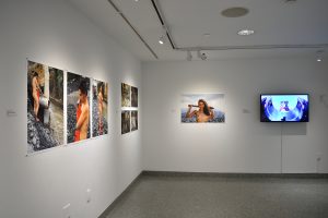 Installation view of eight photographs and one tv.