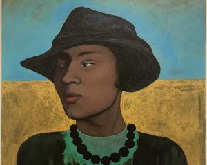 Painting of woman looking sideways on blue and gold background.