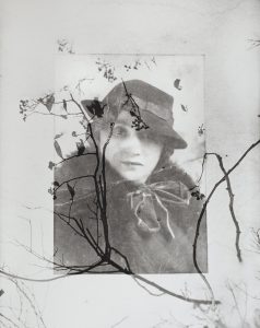 Black and white image of women with hat with overlayed images of branches.