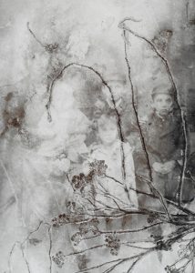Blak and white image with family portrait and overlayed images of plant.