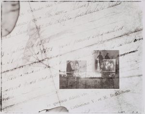 Black and white image of letter with family photogrpahed overlayed on letter.