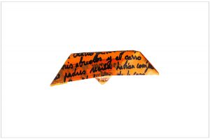 Orange origami boat with black text.