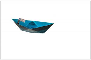 Blue origami boat with flag.